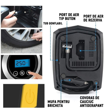Compresor Auto Portabil cu Lanterna si Afisaj Electornic , DC 12V, 120W, 35L/min, Cablu de alimentare 3m, Pompa Biciclete, Moto, Mingi, Saltele, Max 10.3bar, lumina LED, Negru [2]