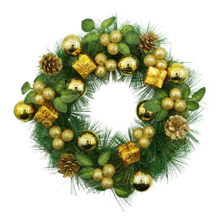 ✨TOATE PRODUSELE✨ - Coronita de Craciun pentru usa, Verde/Auriu, 35 cm, PVC, Artificiala, Decorata, Interior/Exterior, 