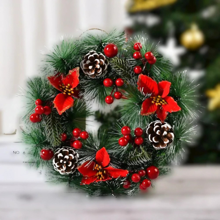 Coronita pentru Craciun , diametru 32 cm, din brad artificial, decorata cu conuri si merisoare, 3 Funde Rosii. Verde/Alb [1]