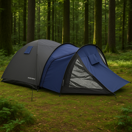 Cort camping 4 persoane cu antreu, impermeabil 3000 mm, 450x210x150 cm, negru si albastru [12]