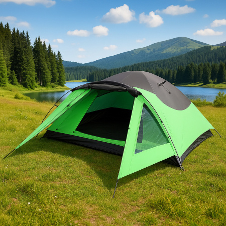 Cort camping 4 persoane cu antreu, protectie UV, impermeabil 3000 mm, 330x250x105 cm, gri [20]