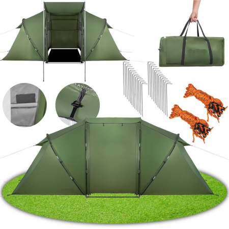 Cort camping, impemeabil, 2 camere + hol, 4 locuri, 460x200x245cm, verde [2]
