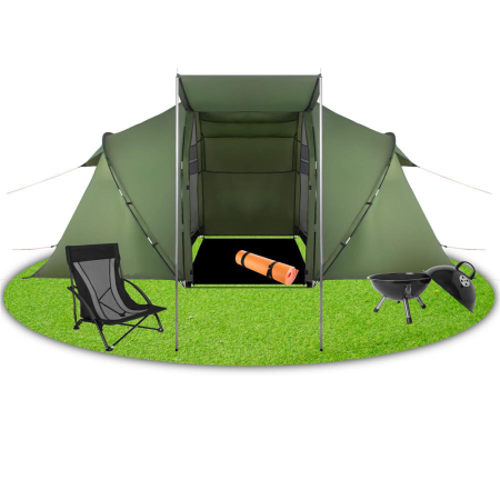Cort camping, impemeabil, 2 camere + hol, 4 locuri, 460x200x245cm, verde [3]
