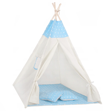 Corturi copii - Cort copii Sersimo stil indian Teepee Tent cu fereastra, covoras gros si 2 perne, alb albastru