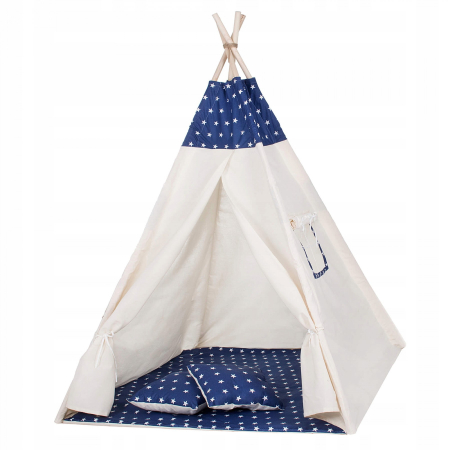 Cort copii Sersimo stil indian Teepee Tent cu fereastra, covoras gros si 2 perne, alb albastru inchis cu stelute [1]