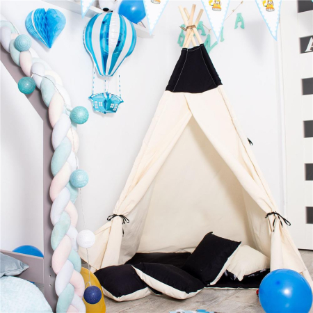Cort copii Sersimo stil indian Teepee Tent cu fereastra, covoras gros si 2 perne, alb negru [13]