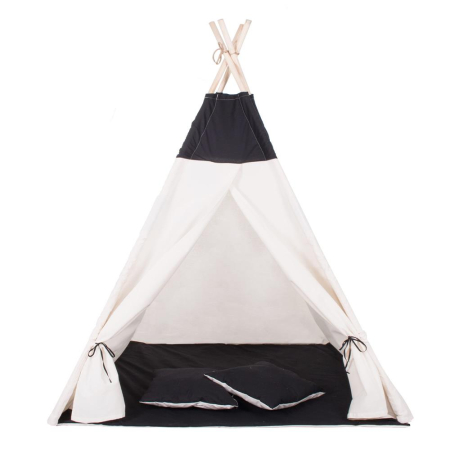 Cort copii Sersimo stil indian Teepee Tent cu fereastra, covoras gros si 2 perne, alb negru [8]