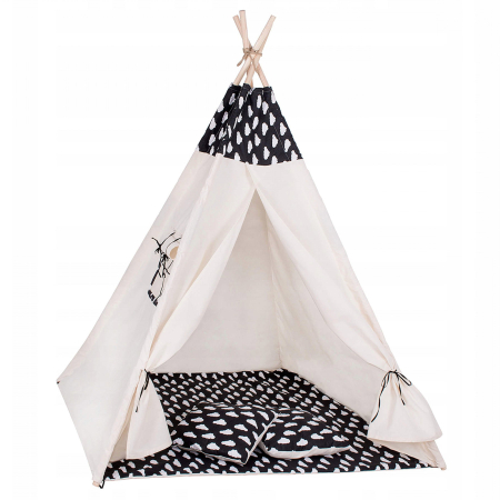 Corturi copii - Cort copii Sersimo stil indian Teepee Tent cu fereastra, covoras gros si 2 perne, alb negru cu norisori
