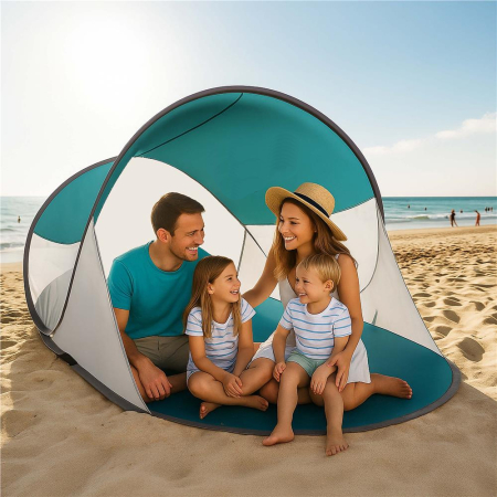 Cort plaja autoexpansibil POP-UP cu protectie UV, podea izolanta si husa transport, 190x120x100 cm, turcoaz si gri [15]