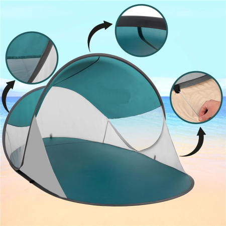 Cort plaja autoexpansibil POP-UP cu protectie UV, podea izolanta si husa transport, 190x120x100 cm, turcoaz si gri [13]