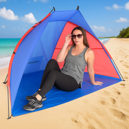 Cort plaja pentru 2 persoane, cu protectie UV si podea izolanta, 200x120x120 cm, albastru si roz [6]