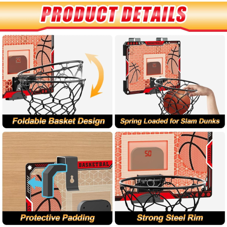 Cos de Baschet pentru Copii, , cu Tablou de Bord Electronic, Minge, Pompa, 2 Moduri, Interior/Exterior, Inel Metalic si Rabatabil cu Arc, Luminos, 41x27.5x5 cm, Multicolor [4]