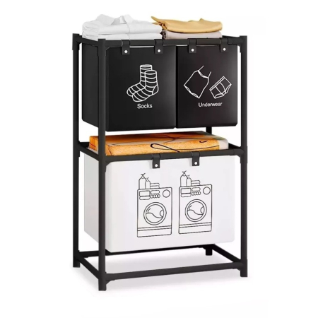 Articole pentru baie - Cos de Rufe, , cu 2 Etaje, , 3 Cosuri, Cadru de Otel Inoxidabil, 97x28x57 cm, Negru