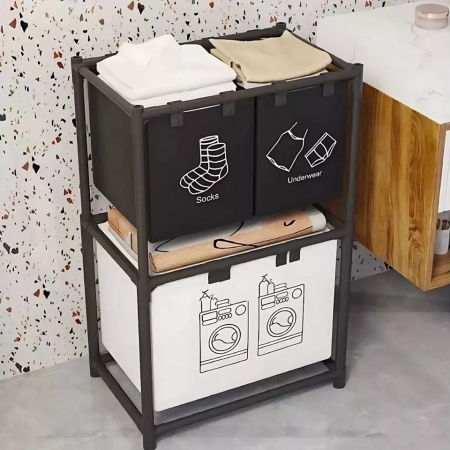 Cos de Rufe, , cu 2 Etaje, , 3 Cosuri, Cadru de Otel Inoxidabil, 97x28x57 cm, Negru [2]