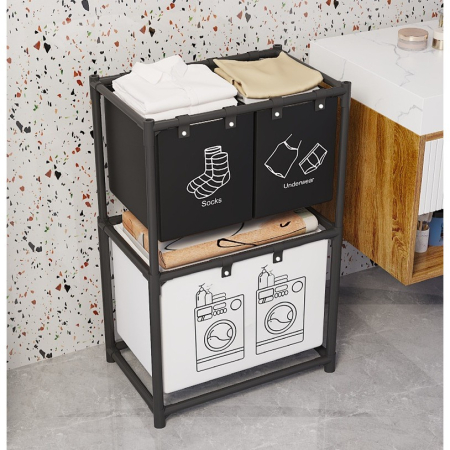 Cos de Rufe, , cu 2 Etaje, , 3 Cosuri, Cadru de Otel Inoxidabil, 97x28x57 cm, Negru [6]