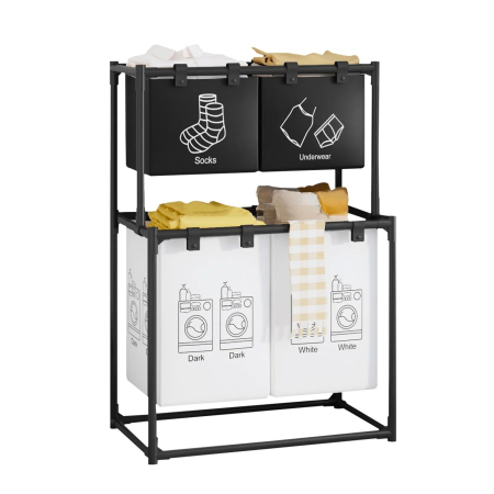 Articole pentru baie - Cos de Rufe, , cu 2 Etaje, 4 Cosuri, Cadru de Otel Inoxidabil, 97x44x57 cm, Negru