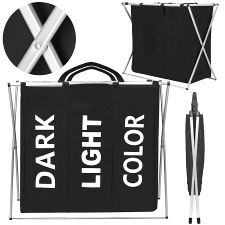 Cos de rufe cu 3 compartimente, cadru aluminiu, 68x40x60cm, 146 litri, negru [5]