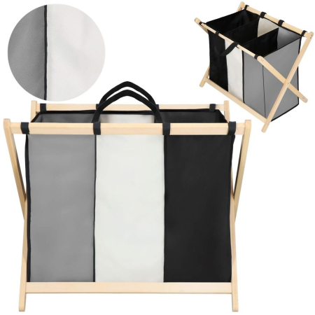 Cos de rufe cu 3 compartimente, cadru din lemn, 67x42x57 cm, 105 litri [2]