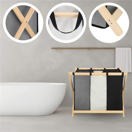 Cos de rufe cu 3 compartimente, cadru din lemn, 67x42x57 cm, 105 litri [23]