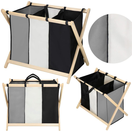 Cos de rufe cu 3 compartimente, cadru din lemn, 67x42x57 cm, 105 litri [3]