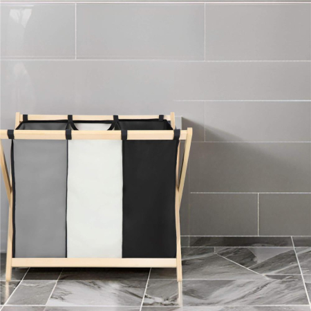 Cos de rufe cu 3 compartimente, cadru din lemn, 67x42x57 cm, 105 litri [22]