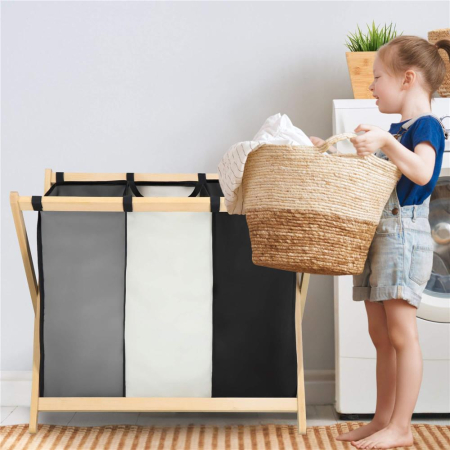 Cos de rufe cu 3 compartimente, cadru din lemn, 67x42x57 cm, 105 litri [19]