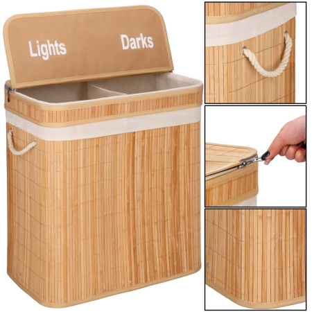 Cos de rufe din bambus cu capac, 2 compartimente, sac detasabil, volum 100L, 53x32x62cm, maro [13]