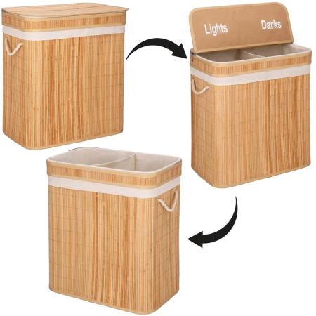 Cos de rufe din bambus cu capac, 2 compartimente, sac detasabil, volum 100L, 53x32x62cm, maro [14]