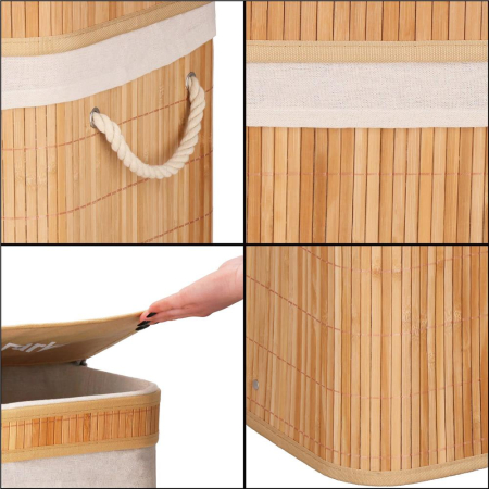Cos de rufe din bambus cu capac, 2 compartimente, sac detasabil, volum 100L, 53x32x62cm, maro [15]