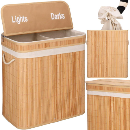 Cos de rufe din bambus cu capac, 2 compartimente, sac detasabil, volum 100L, 53x32x62cm, maro [4]