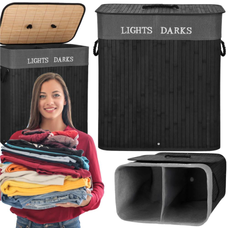 Cos de rufe din bambus cu capac, 2 compartimente, sac detasabil, volum 100L, 54x34x60cm, negru [6]