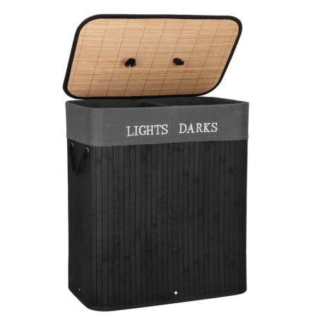Cos de rufe din bambus cu capac, 2 compartimente, sac detasabil, volum 100L, 54x34x60cm, negru [2]