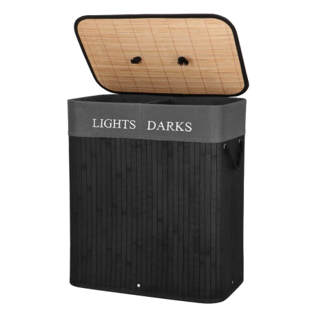 Cos de rufe din bambus cu capac, 2 compartimente, sac detasabil, volum 100L, 54x34x60cm, negru [9]