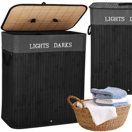 Cos de rufe din bambus cu capac, 2 compartimente, sac detasabil, volum 100L, 54x34x60cm, negru [26]