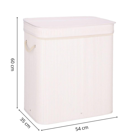 Cos de rufe din bambus cu capac, 2 compartimente, sac detasabil, volum 100L, 54x35x60cm, alb [20]