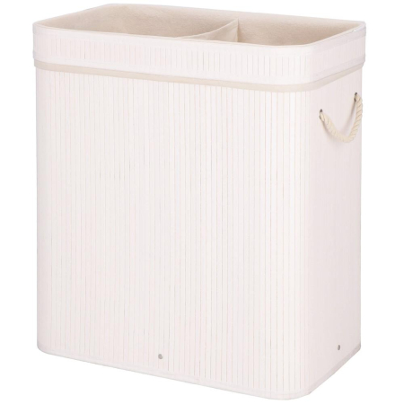 Cos de rufe din bambus cu capac, 2 compartimente, sac detasabil, volum 100L, 54x35x60cm, alb [15]