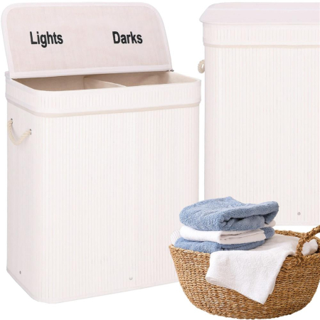 Cos de rufe din bambus cu capac, 2 compartimente, sac detasabil, volum 100L, 54x35x60cm, alb [21]