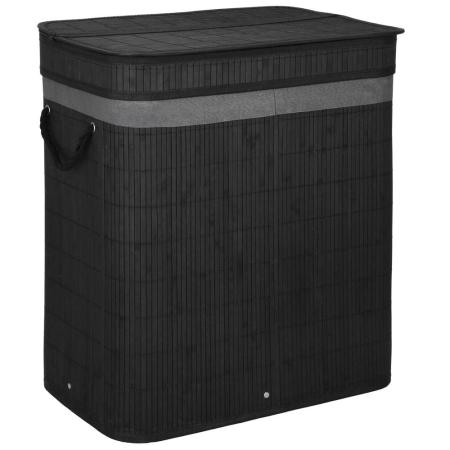 Cos de rufe din bambus cu capac, 2 compartimente, sac detasabil, volum 100L, 54x35x60cm, negru [7]