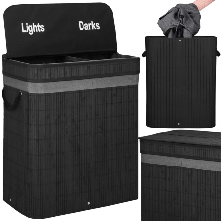 Cos de rufe din bambus cu capac, 2 compartimente, sac detasabil, volum 100L, 54x35x60cm, negru [2]