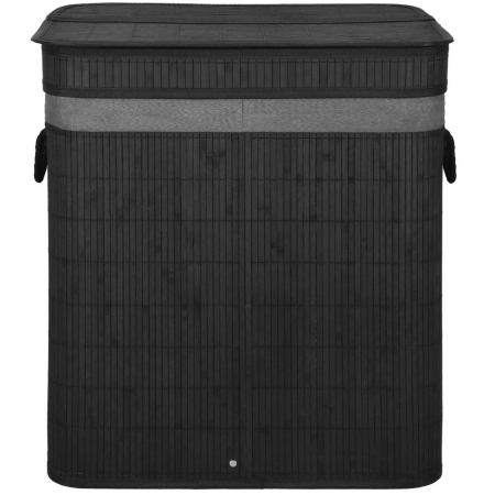 Cos de rufe din bambus cu capac, 2 compartimente, sac detasabil, volum 100L, 54x35x60cm, negru [17]