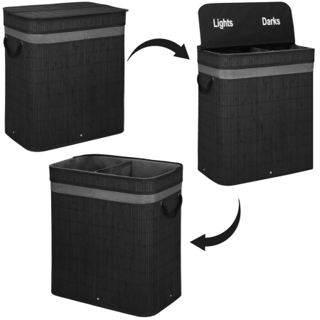 Cos de rufe din bambus cu capac, 2 compartimente, sac detasabil, volum 100L, 54x35x60cm, negru [20]