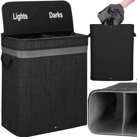 Cos de rufe din bambus cu capac, 2 compartimente, sac detasabil, volum 100L, 54x35x60cm, negru [3]