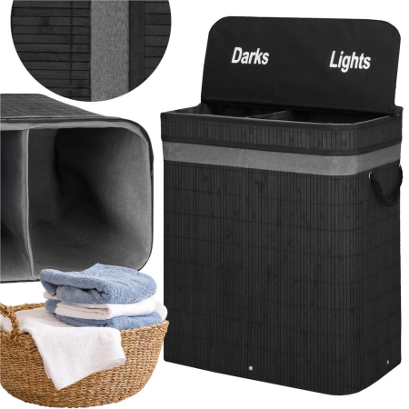 Cos de rufe din bambus cu capac, 2 compartimente, sac detasabil, volum 100L, 54x35x60cm, negru [5]