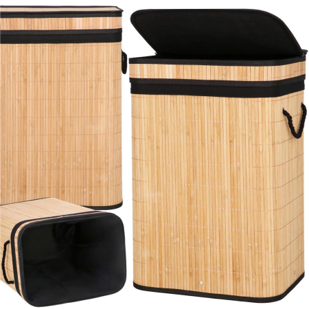 Cos de rufe din bambus cu capac, sac detasabil, volum 72L, 42x33x60cm, maro [27]