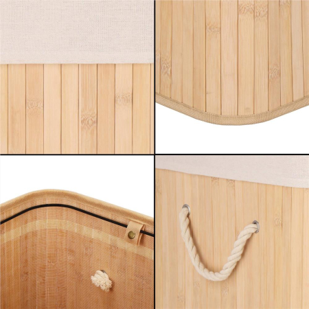 Cos de rufe din bambus, pliabil, cu captuseala detasabila lavabila, 3 compartimente, 150L, 63x42x62cm, maro [15]