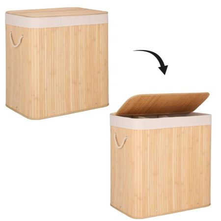 Cos de rufe din bambus, pliabil, cu captuseala detasabila lavabila, 3 compartimente, 150L, 63x42x62cm, maro [17]