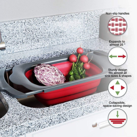 Cos de Scurgere Retractabil pentru Chiuveta, , cu Filtru, pentru Fructe si Legume, de Uz Casnic, 39x12 cm, Design Extensibil pana la 61 cm, cu Manere de Prindere, Rosu [6]