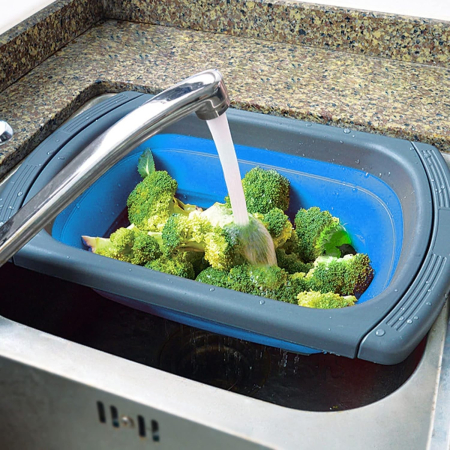 Cos de Scurgere Retractabil pentru Chiuveta, , cu Filtru, pentru Fructe si Legume, de Uz Casnic, 39x12 cm, Design Extensibil pana la 61 cm, cu Manere de Prindere, Albastru [4]