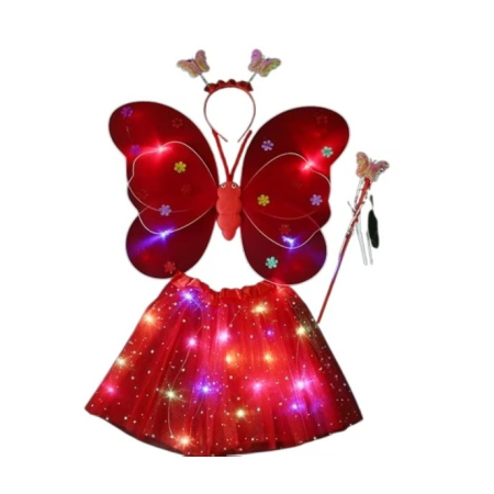 ✨TOATE PRODUSELE✨ - Costum Fluturas cu Aripi Modelabile Luminoase pentru Copii, , Fusta din Tul cu Lumini, Bagheta si Bentita, 4 piese, Pentru Halloween, Roleplay, Craciun, Carnaval, Paste, Ziua Copilului, Bumbac/Poliester, Marime universala, Rosu