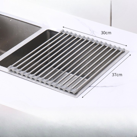 Covoras de Scurgere pentru Chiuveta Bucatarie, din Otel Inoxidabil, Suport Chiuveta, Pliabil, Antiderapant, Usor de Curatat si de Depozitat, 37x30cm, 15 Tuburi, Gri [5]